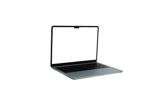 A modern silver laptop (notebook computer) standing front-on with a completely blank white screen (mockup) ready for custom text or image content. Perfectly isolated on a pure white background, ideal 
