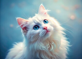 Fototapeta premium Beautiful fluffy white cat with striking blue eyes looking upwards with curiosity