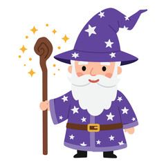 Cute Cartoon Wizard Character Holding Magic Staff Illustration