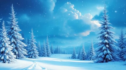 Snowy Forest Landscape with Tall Pine Trees Under a Cloudy Blue Sky at Dusk with Falling Snow