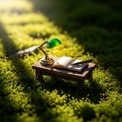 Miniature desk with lamp and notebook amidst lush mossy landscape