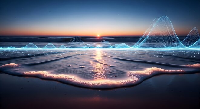 Sunrise over calm ocean water with data visualization graphic overlay