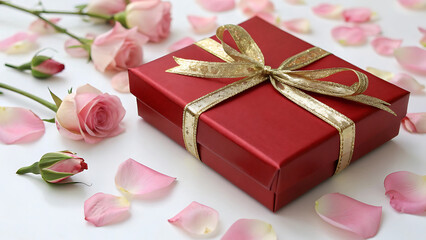 Red gift box tied with gold ribbon surrounded by pink roses and petals