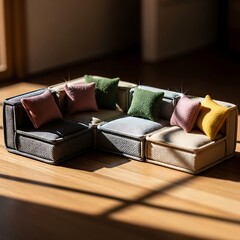 Miniature modular sofa sectional with colorful knit pillows on wood floor
