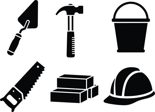 Solid Silhouette Vector Icons of Construction Tools and Building Materials.