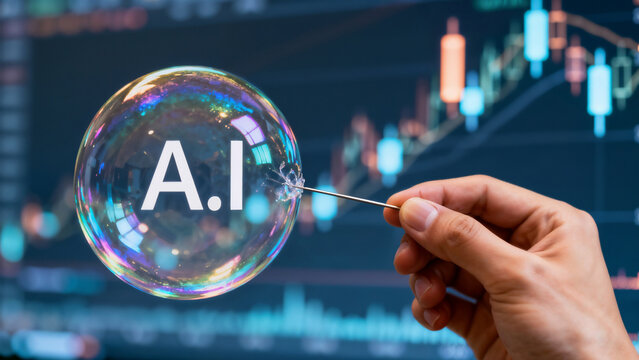 Hand Blowing a Soap Bubble with 'A.I.' Text Over a Volatile Stock Market Chart Background