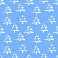 christmas tree background, seamless blue winter pattern with trees, wrapping paper, print for fabric, calendar, postcards 