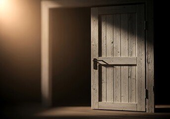 Rustic wooden door ajar offering a glimpse into a bright, illuminated space
