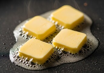 Sizzling butter melting gracefully on a hot non-stick frying pan surface