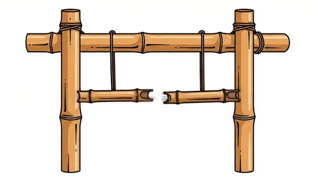 Bamboo percussion instrument being played by hand on white background