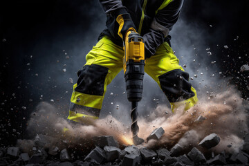 Construction worker operating drill breaking concrete ground