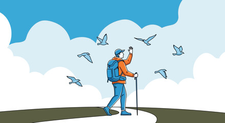 A Person Hiking on a Path with Birds Flying in a Cloudy Sky Animation