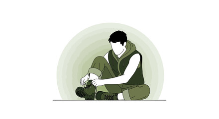 A Person Preparing For A Journey Getting Ready By Tying Laces On Boots