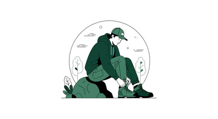 A Person Preparing For Climbing Or Hiking With Outdoor Boots And Green Clothes