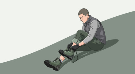 A Person Preparing For Climbing, Laces Boots And Getting Ready To Start Expedition