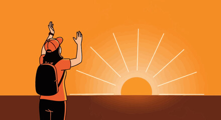 A Person Raises Arms in Front of A Sunburst at Sunset, Capturing the Moment