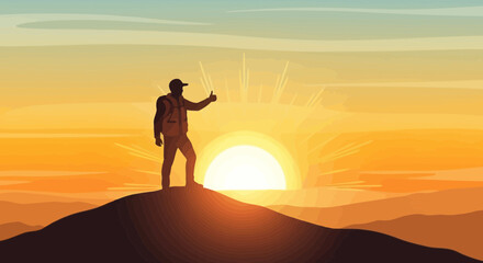 A Person Raises Their Hand, Showing Thumbs Up Silhouette at Sunset in Nature