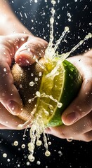 Vibrant citrus burst: Squeezing fresh lime with hands creates dynamic splash moment against dark setting