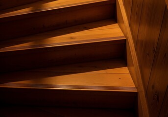 Wooden Staircase Accentuated by Light and Shadow with Wall Detail