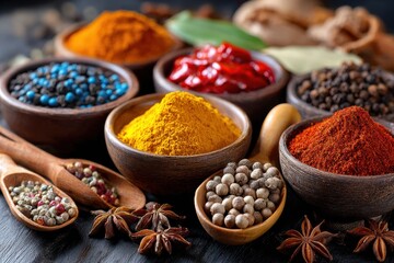 Fototapeta premium Colorful spices and herbs in bowls and spoons