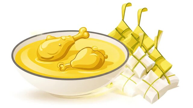 Animated illustration of traditional Indonesian or Malaysian Eid al-Fitr meal, 'Gulai Ayam' (chicken curry) with 'Ketupat' rice dumplings, on a white background.