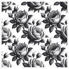 This elegant floral design showcases intricately illustrated roses in soft grayscale tones, ranging from deep charcoal to light silver, on a clean white background. The monochrome palette.