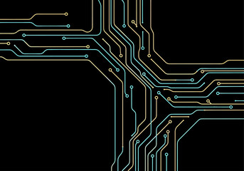 Abstract digital circuit board pattern with flowing lines representing data transfer and technological innovation on a dark background, illustrating modern computing infrastructure