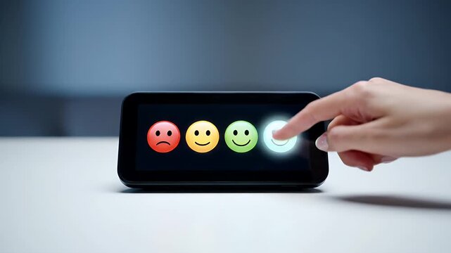 Close Up of a Digital Tablet Displaying Four Gradient Smiling Faces with a White Table and Blue Background with Hand Touching the Last Smiley
