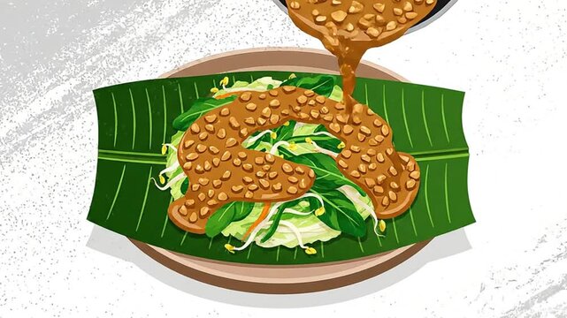 Gado-Gado Preparation: Fresh Indonesian Salad with Creamy Peanut Sauce on Banana Leaf