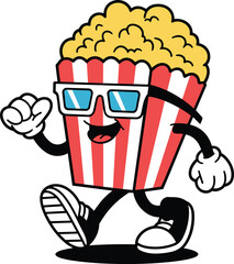 Cartoon popcorn character with 3D glasses, walking pose, striped box design, fun snack mascot, movie theme vector illustration, stock image