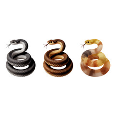 Obraz premium Three coiled snakes in black brown and orange with tongues out