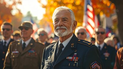 Group of Proud Veterans Marching in a Parade with Flags and Uniforms, Cheering Crowd Background
