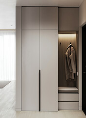 Minimalist hallway with built-in wardrobe, soft lighting, and elegant neutral design.
