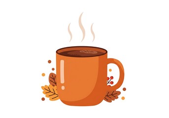 Cozy autumn hot drink in orange mug with fall leaves and berries, flat vector illustration