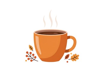 Steaming Orange Mug with Hot Drink, Autumn Leaves, and Berries Illustration for Cozy Fall Season