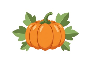 Vibrant orange pumpkin with green leaves. Flat vector illustration for autumn, fall harvest, Halloween, and Thanksgiving designs.