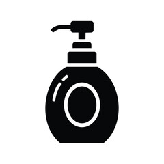 Simple black icon of a liquid soap dispenser bottle with pump and oval label area