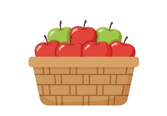 Cartoon Wicker Basket with Red and Green Apples Illustration