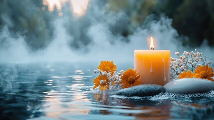 Lit candle with stones and flowers in water, foggy background