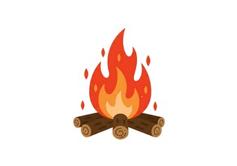 Vibrant Campfire Icon Vector Illustration. Burning Logs with Red and Orange Flames, Warmth, and Sparks on White Background