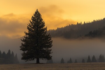 Lone tree stands in foggy meadow, silhouetted against a hazy yellow sunset