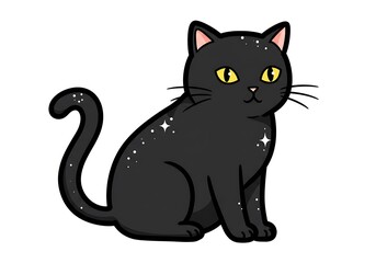 Cute Black Cat Cartoon with Glimmering Fur and Yellow Eyes. Adorable Feline Pet Illustration.