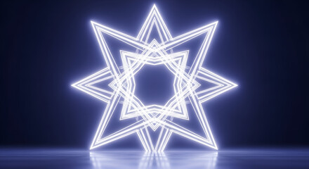 Octagram of light blue neon light glowing on a reflective floor, symbolizing regeneration, balance, and the intersection of the material and the spiritual