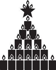 Black silhouette of a Christmas tree made of lit candles with a star on top vector