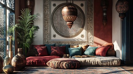 Beautiful Moroccan living room with intricate decor and cozy pillows