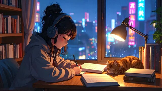 Anime Girl Studying at a Wooden Desk Wearing Headphones, Soft Desk Lamp Light with a Cat Sleeping Nearby