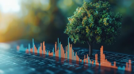 Miniature tree atop fluctuating financial chart on dark background