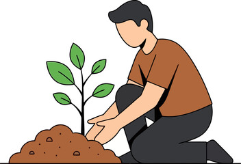 A man is planting a tree in the ground, carefully placing the roots in the soil to help it grow