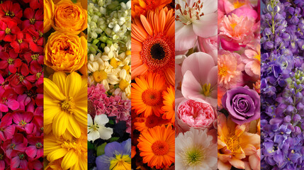 Colorful and vibrant flower collage with bright flowers, roses, zinnias and petals in a fully colored display