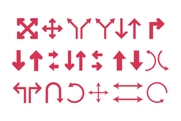 A set of simple, flat, red arrows in various directions and shapes. Perfect icon pack for website navigation, user interface, and infographic design.